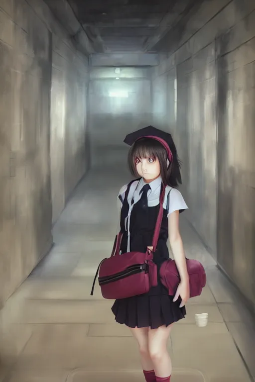 Image similar to 3d dark infrared octane render portrait of beauty anime schoolgirl under dark japan subway. cute face. dramatic light, trending on artstation, 3d art by hayao miyazaki oil painting