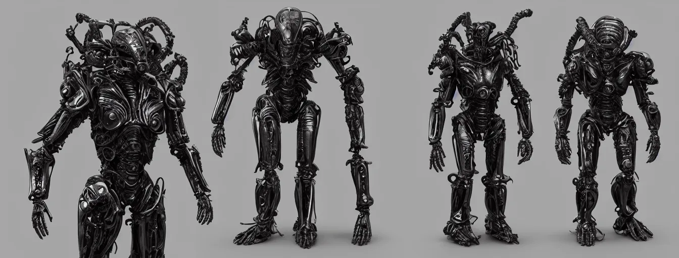 Image similar to alien sentinel ornate armor suit humanoid character sheet, guyver themed dark sf biomechanical, intricate artwork masterpiece, ominous, dramatic horror cinematic lighting, volumetric 8 k, by josan gonzalez, alexey egorov, kilian eng, trending on cgsociety, octane render, 8 k