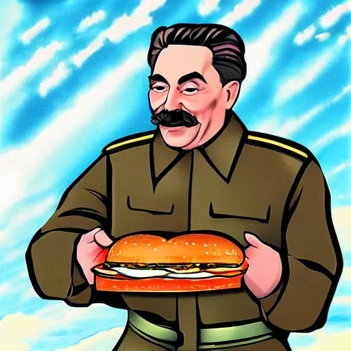 Prompt: Joseph Stalin eating a hamburger in space, digital art
