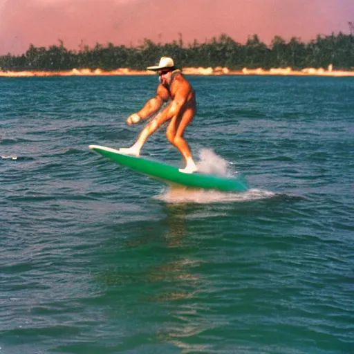 Image similar to macho king randy savage surfing on a dolphin. photo taken with fujinon premista 1 9 - 4 5 mm t 2. 9, portra 8 0 0.