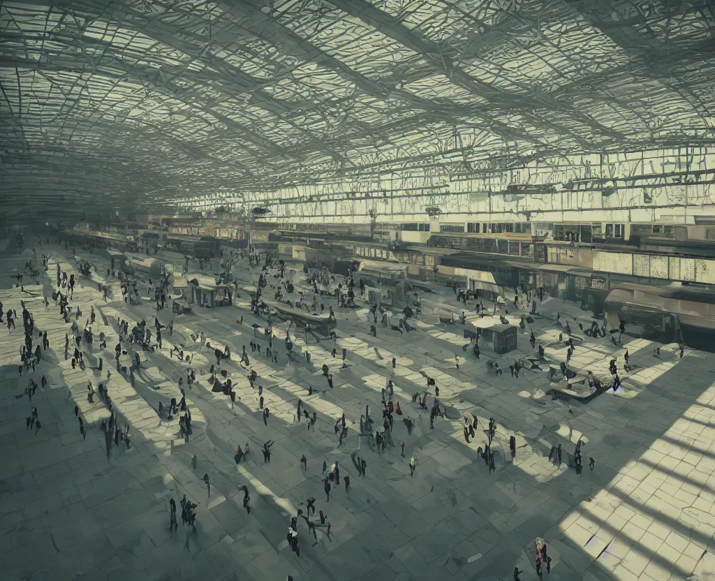 Image similar to french train station, interior, floating trains, floating people, floating objects, cinematic, surreal, octane render, cinematography