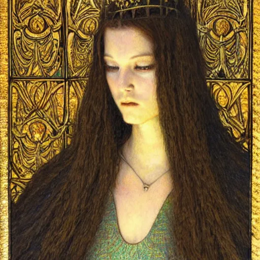 Image similar to detailed realistic portrait of a beautiful young medieval queen by jean delville, art nouveau, symbolist, visionary, gothic