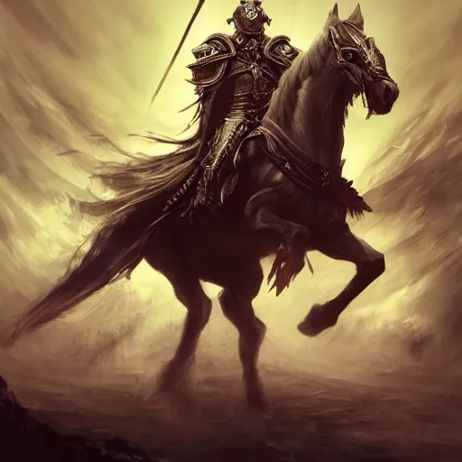 Image similar to Horse, Anthropomorphized, as warlord general on skull throne, magic the gathering artwork, D&D, fantasy, cinematic lighting, centered, symmetrical, highly detailed, digital painting, artstation, concept art, smooth, sharp focus, illustration, volumetric lighting, epic Composition, 8k, art by Akihiko Yoshida and Greg Rutkowski and Craig Mullins, heroic pose, oil painting, cgsociety, Battlefield background, explosions, arrows