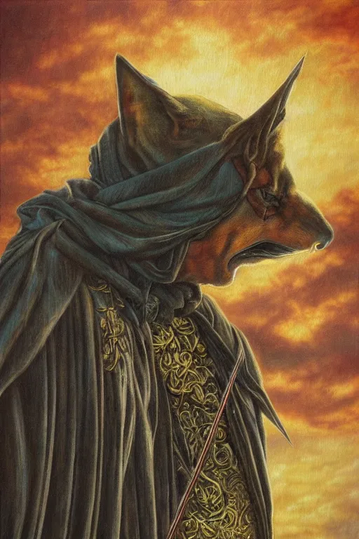 Prompt: Beautiful oil painting of Robin Hood by Chie Yoshii, portrait, nature, symmetrical face, dramatic lighting, sunset