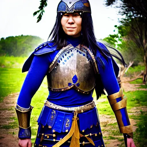 Prompt: photo of a real-life beautiful warrior with lapis lazuli armour