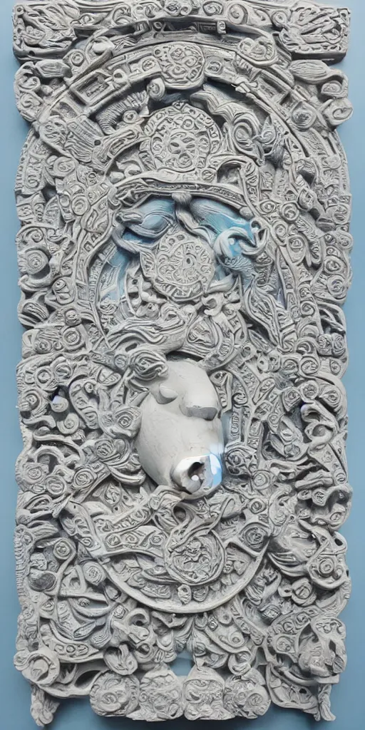 Image similar to intricate colourfully painted carved Soapstone relief paneling, white and pale blue , celestial, piggy, pig goddess, mother earth, Earth Goddess mythology, Gaia, angels, divinity, Ghostly, crystaline celtic, insanly detailed , artstation, wallpaper, hyper realistic, realistic lighting