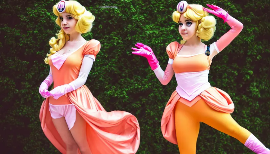 Image similar to amazing cosplay of princess peach from mario, symmetrical, cinematic, real photography, elegant, 4 k, ultra hd, cosplay journal cover