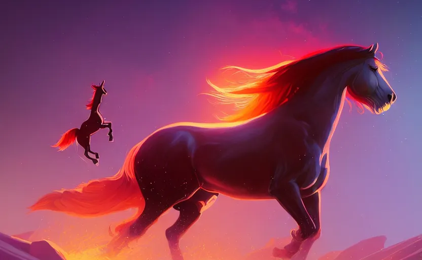 Image similar to a resplendant impressive portrait of a noble horse rearing up with no rider. ultra wide angle, fantasy art, anton fadeev, alex ross, heroic lighting, romance novel cover, very very very beautiful raytraced rendering