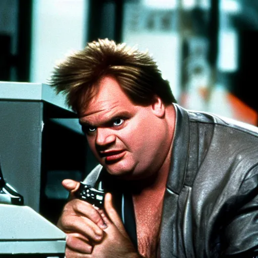 Prompt: chris farley starring in the terminator movie, movie still, 8 k