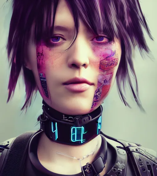 Image similar to detailed realistic female character cyberpunk wearing thick technological collar around neck, realistic, art, beautiful, 4K, collar, choker, collar around neck, punk, artstation, detailed, female, woman, choker, cyberpunk, neon, punk, collar, choker, collar around neck, thick collar, tight around neck, punk,