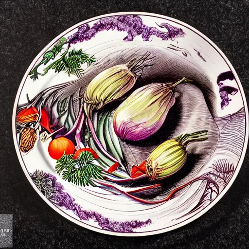 Image similar to a beautiful plate of vegetables, by junji ito, by laurie lipton, by bernie wrightson, masterpiece, stunning, hyper realistic, lots of colours, 8 k