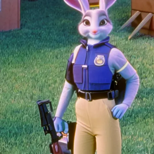 Prompt: Judy Hopps as a real human young policewoman, film still from Police Academy (1984), human, human, human