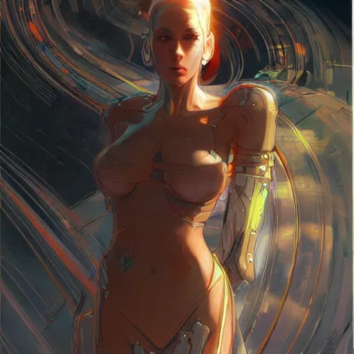 Prompt: beautiful female android by peter andrew jones and akihiko yoshida, rule of thirds, seductive look, beautiful