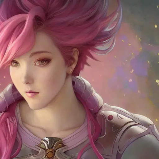 Image similar to VI from League of Legends with short pink hair drawn by Donato Giancola and Makoto Shinkai, Edmund Leighton, Alphonse Mucha, background by James Jean and Gustav Klimt, 4k, Arcane animated Series, porcelain skin, volumetric lighting, komorebi, french nouveau, trending on artstation, octane render, hyperrealistic