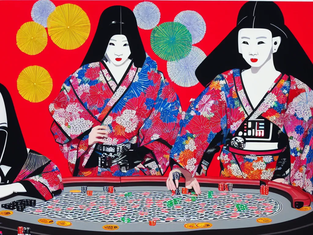 Image similar to hyperrealistic composition of the detailed woman in a japanese kimono with the ( ( c 3 p 0 ) ) robot head sitting at a extremely detailed poker table with darth vader, fireworks, mountain fuji on the background, pop - art style, jacky tsai style, andy warhol style, acrylic on canvas