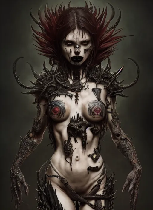 Prompt: ultra realistic, human predator, goth, tattoos, leather, fantasy, flesh, bone, body horror, intricate details, eerie, highly detailed, octane render, 8 k, art by artgerm and alphonse mucha and greg rutkowski