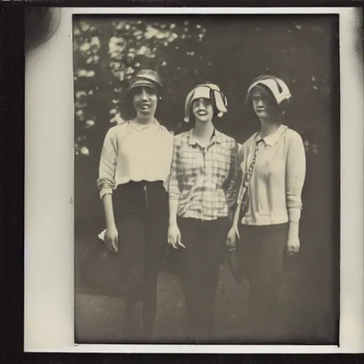 Image similar to Polaroid photograph of stylish college students, taken in 1922