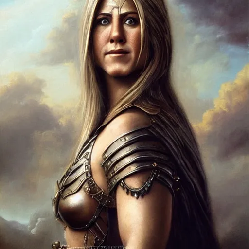 Prompt: the portrait of jennifer aniston as amazon warrior, metal bikini by roberto ferri, fantasy, witcher, very detailed oil painting, masterpiece, 8 k