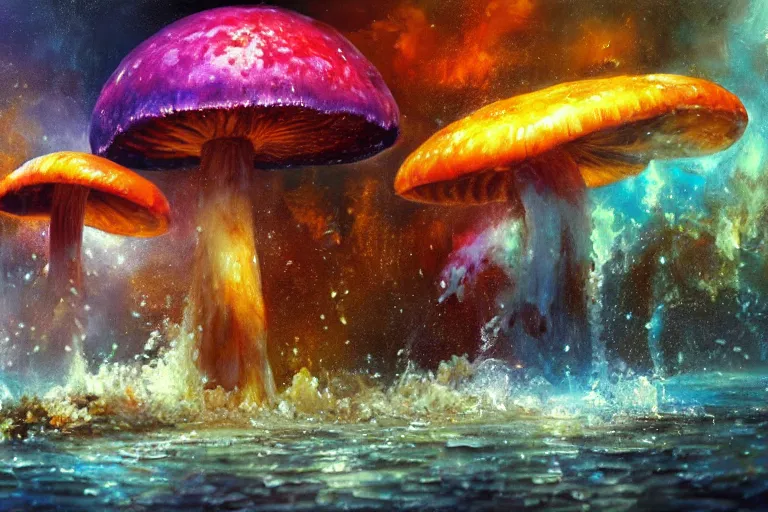 Image similar to highly detailed oil painting of a mushroom tyrannosaurus rex in a steaming colorful hotspring, featured on artstation