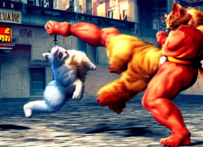 Prompt: cat fights hamster in street fighter 2 fotorealistic, 4 k