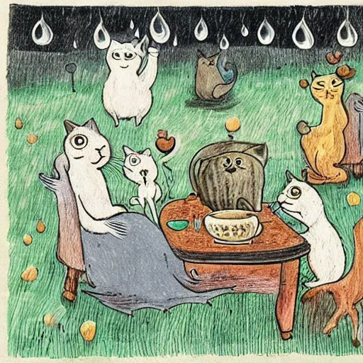 Image similar to cats drinking coffee, amongst coffee bean rain, illustrated in styles of Maurice Sendak, Tove Jansson