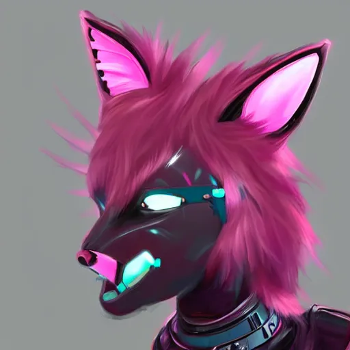 Image similar to digital art artstation, pixiv, portrait of a robotic fox with cybernetic body with pink hair, character fursona furry, furaffinity