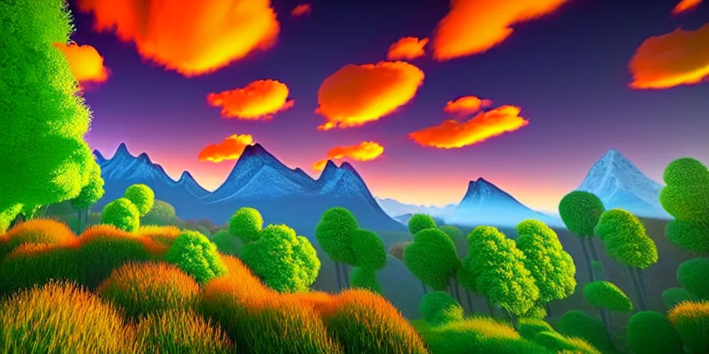 Image similar to a beautiful 3 d fantasy landscape art, orange clouds in the blue sky and green trees, snowy mountains, 3 d art in bob ross style, unreal engine 5, hyper realism