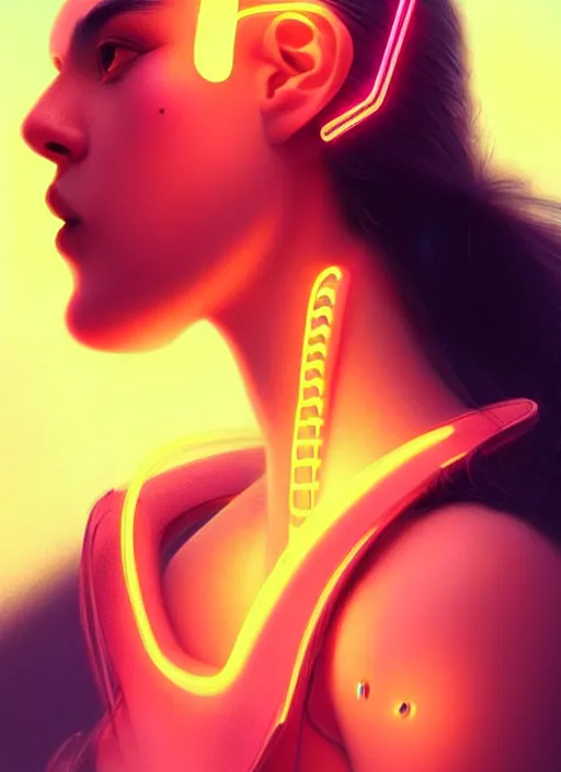 Image similar to photorealistic an oriental female humanoid with freckle cheeks, cyber neon lightings, futurism, cyberpunk high fashion, elegant profile pose, intricate details, crispy quality, digital photography, trending in artstation, trending in pinterest, no watermark signature, cinematic, 4 k ultra hd, art by artgerm, art by greg rutkowski, art by pascal blanche