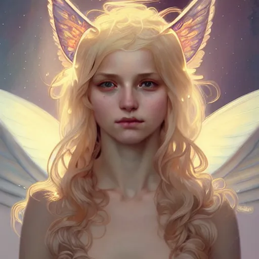 Image similar to Portrait of a girl angel with blonde hair, cat ears, glowing halo, wings, fantasy, intricate, elegant, highly detailed, digital painting, artstation, concept art, smooth, sharp focus, illustration, art by Krenz Cushart and Artem Demura and alphonse mucha