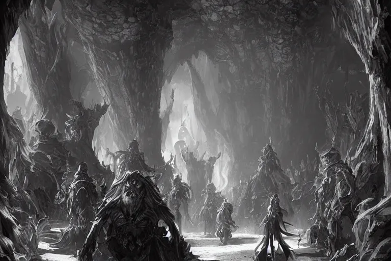 Image similar to black and white point perspective dungeon cozy fantasy dungeon The human defenestrator Katherine and their gelatinous group of goblins are hiding in the flourishing cave.,by artgerm and Craig Mullins, James Jean, Andrey Ryabovichev, Mark Simonetti and Peter Morbacher 16k