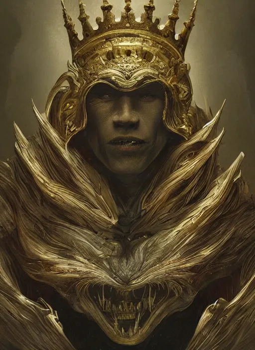 Image similar to smiling king physically accurate, moody dynamic lighting, very very intricate, very very elegant, highly detailed, digital painting, artstation, HR GIGER, Hieronymus Bosch, Francis Bacon, concept art, smooth, very beautiful, sharp focus, illustration, art by artgerm and greg rutkowski and alphonse mucha painted by Danny Flynn and Kevin Wasden,trending on artstation, simple lighting camera view from above,Eraserhead ,vaporwave ,60s kitsch and psychedelia ,oil and canvas ,Blade Runner 2049 ,