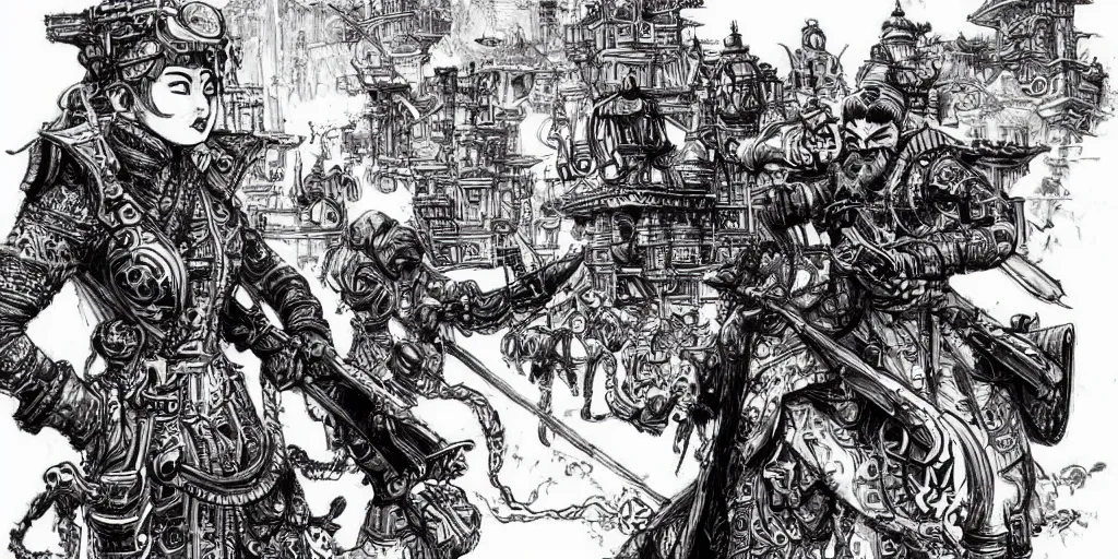 Image similar to a cold highly detailed ink sketch of a dieselpunk palace by kim jung gi in the style of oriental art, dynamic lighting