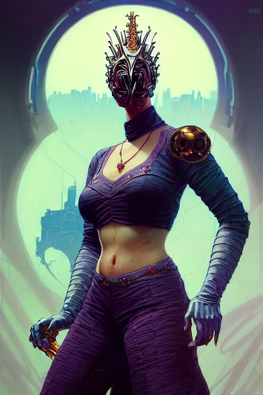 Image similar to ! dream gta 5 killer queen profile picture by greg rutkowski, dynamic pose, intricate, futuristic, fantasy, elegant, by stanley artgerm lau, greg rutkowski, thomas kindkade, alphonse mucha, loish, norman rockwell, fantasy lut, asymmetric, long hair, retro computer graphics, video game, fluid lines,