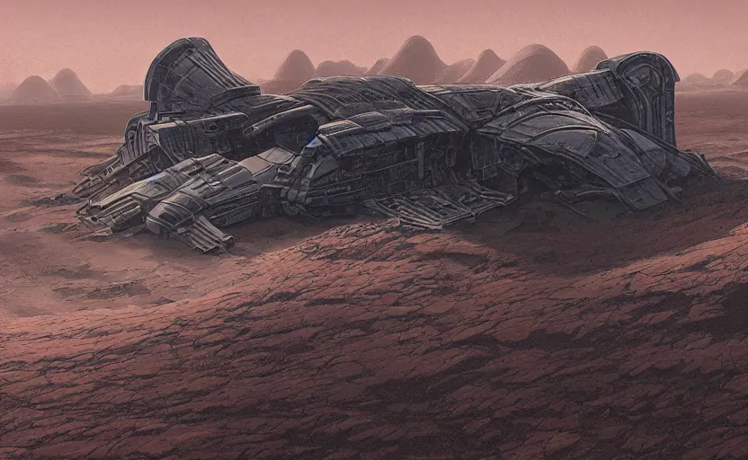 Image similar to very detailed, simon roy, illustration of a giant crashed space ship on a desert planet, wide shot