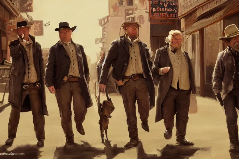 Prompt: phillip seymour hoffman and two bandits in a busy old west town, digital painting, realistic, detailed, artstation