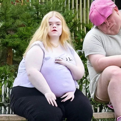 Image similar to photo of Elle fanning extremely obese, disgusting expression, sitting in her own filth, while sad obsessed fan looks on disappointed