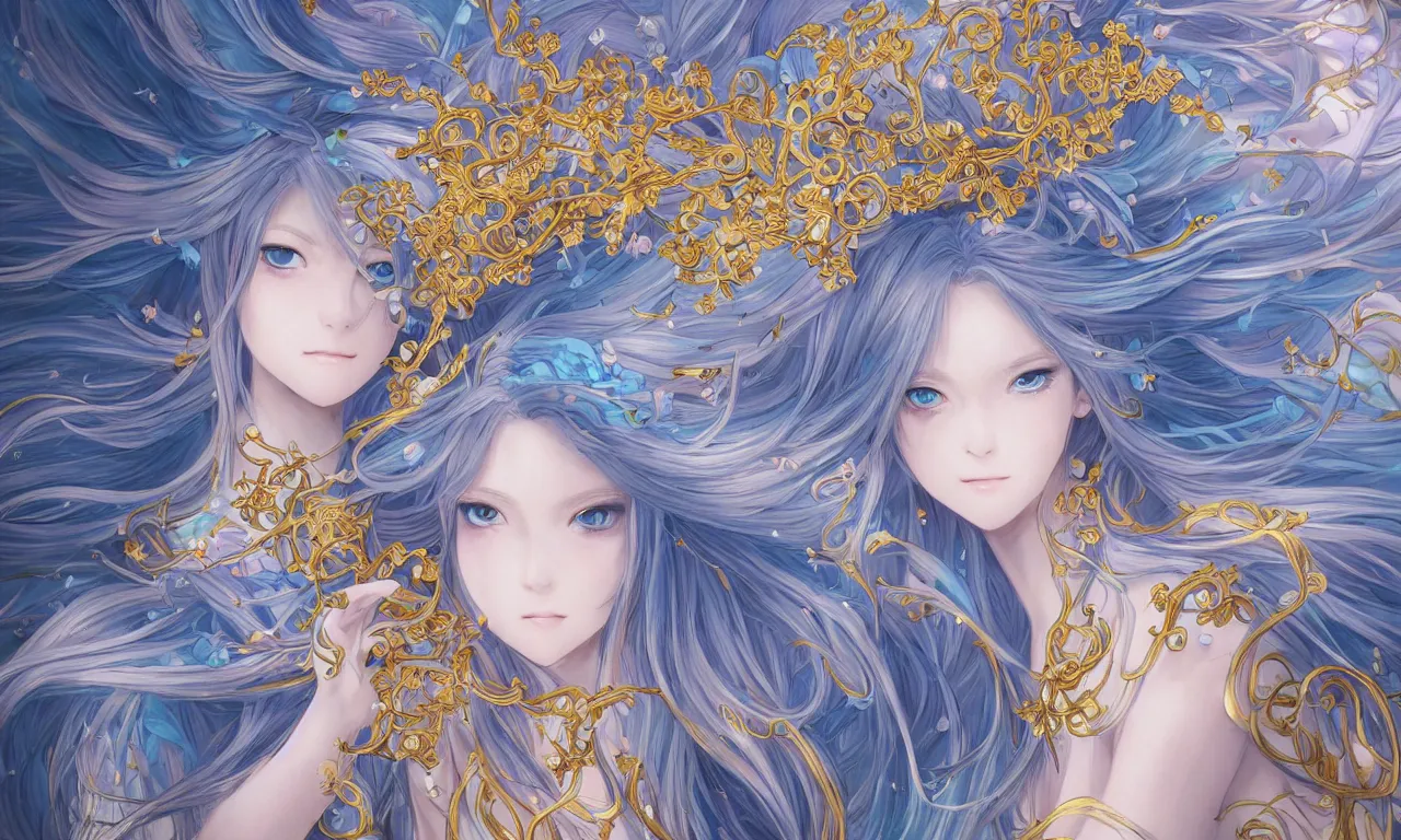 Image similar to breathtaking detailed anime painting of a knight queen with long flowing blue hair, pastel flowers petals and golden ribbons flying, art by pilyeon and yuumei art, symmetrical facial features, at dawn in front of a pristine golden art nouveau cathedral, elegant, volumetric lighting, highly detailed, artstation, concept art, matte, sharp focus,