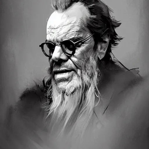 Prompt: portrait of Jack Nicholson with a long gray beard as Gandolf the Gray, dramatic lighting, illustration by Greg rutkowski, yoji shinkawa, 4k, digital art, concept art, trending on artstation