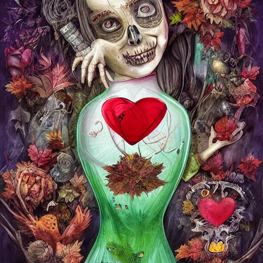 Image similar to Hell and heaven, captured in bottles, a heart full of envy, The Autumn Plague Gardener, the theme of Alice in Wonderland, digital painting, its softness partakes of fluidity, illustration, deep dark, artstation, intricate, biodiversity in a world of change and constancy, ue5, by deiv calviz and bossmonsterbani