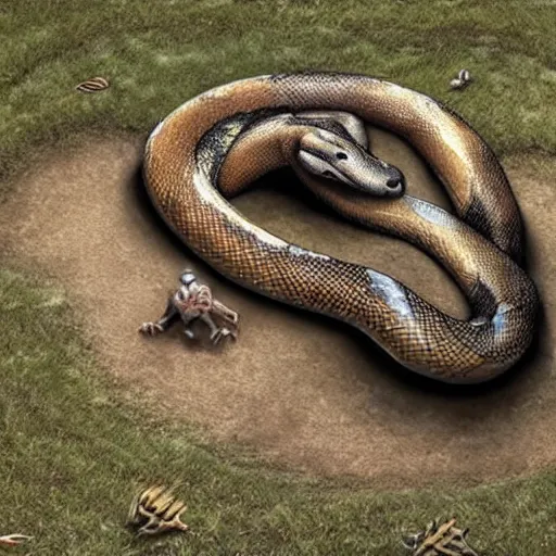 Prompt: huge snake in the grave squeezing a body, realistic