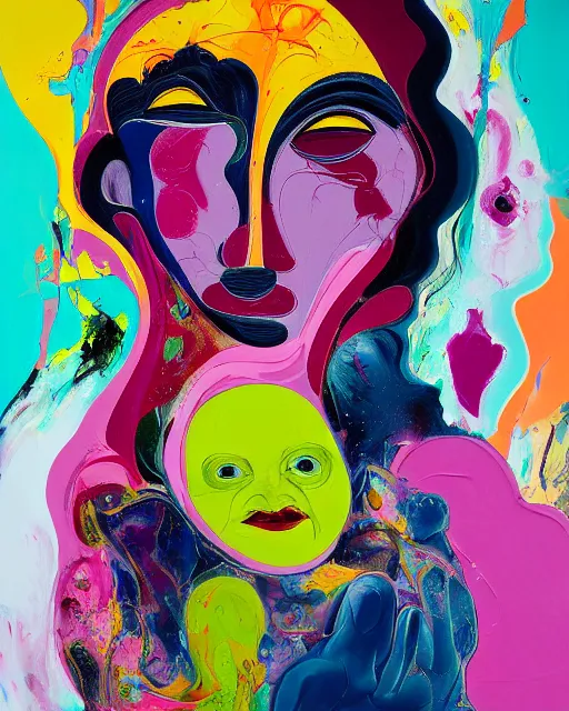 Image similar to woman holding a baby, an ultrafine detailed painting by peter max and francis bacon and fiona rae and maryam hashemi and hernan bas and anna mond and max gubler, featured on deviantart, metaphysical painting, neo expressionism, pop surrealism, melting paint, biomorphic, mixed media, photorealistic, dripping paint, palette knife texture, masterpiece