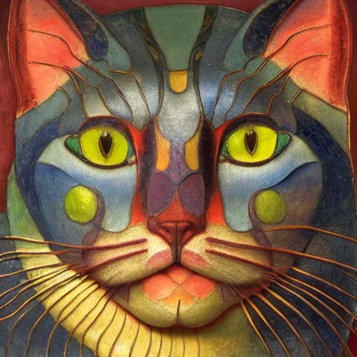 Prompt: cloisonne cat head sculpture, by annie swynnerton and diego rivera and nicholas roerich and jean delville, symbolist, dramatic lighting, god rays, art brut, rich colors, smooth, sharp focus, extremely detailed, adolf wolfli and ( donato giancola )