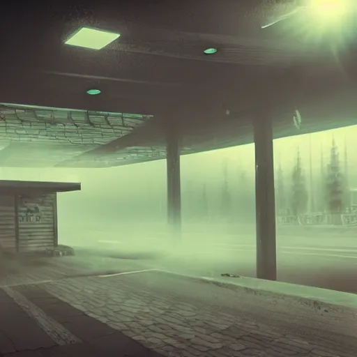 Prompt: highway restaurant with rustic architecture. cyberpunk style. apocalyptic style. photo. photorealistic. nebulous. fog.