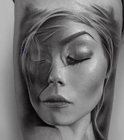 Prompt: fade of a hyper realistic mountain scenery with a beautiful woman face, tattoo design sketch, in the style of matteo pasqualin, hyper - realistic, amazing detail, black and white