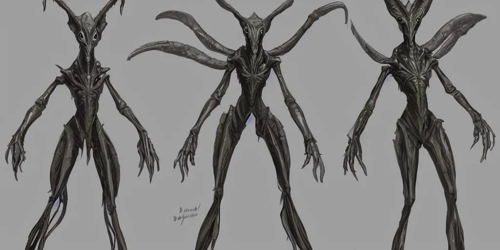 Image similar to a humanoid mantis alien creature, character design sheet, detailed concept art by blizzard
