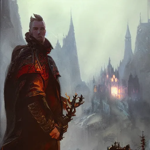 Image similar to portrait of a warlock, dungeons and dragons character, castle background, gorgeous view, realistic, high detail, digital art, painted by greg rutkowski, painted by jeremy mann, trending on artstation