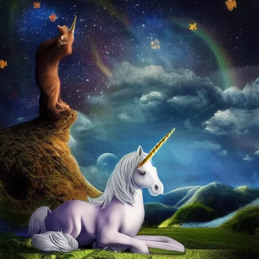 Image similar to dream : a fabulous landscape, a magical unicorn. a boy is sitting astride him. a cat is lying