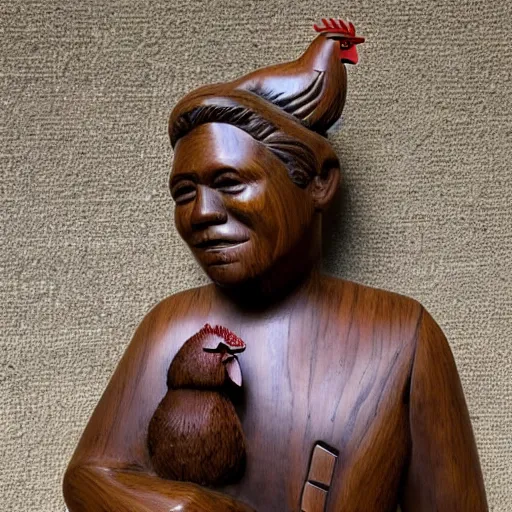 Prompt: wooden sculpture of a miner holding a rooster, polished maple, thoughtful, elegant, real