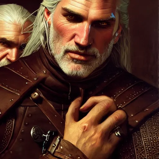 Image similar to geralt of rivia and jaskier. close up of their faces. natural lighting. highly detailed painting by gaston bussiere, j. c. leyendecker, greg rutkowski 8 k