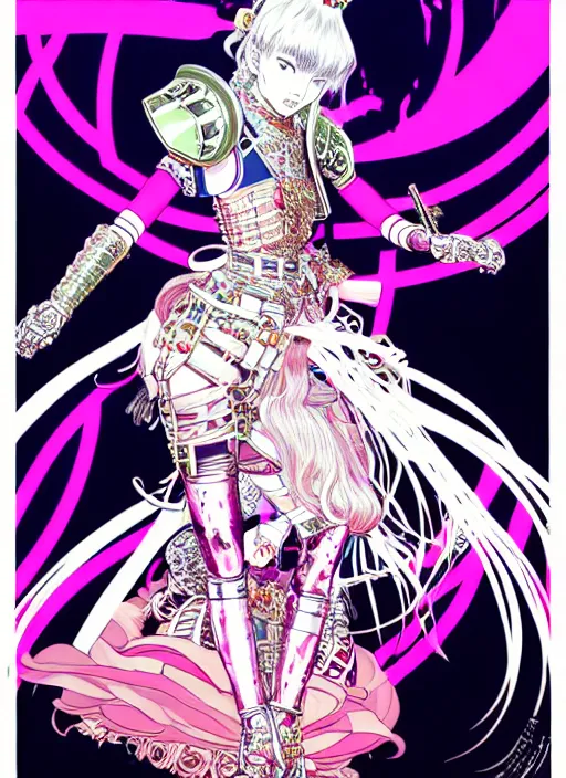 Image similar to genshin impact highly detailed terada katsuya artgerm artstation minaba hideo manga poster of princess mechine, long hair, armor, dress, laces, ruffles, 8 k, fluorescent, maximalist, jump comics, tomer hanuka,